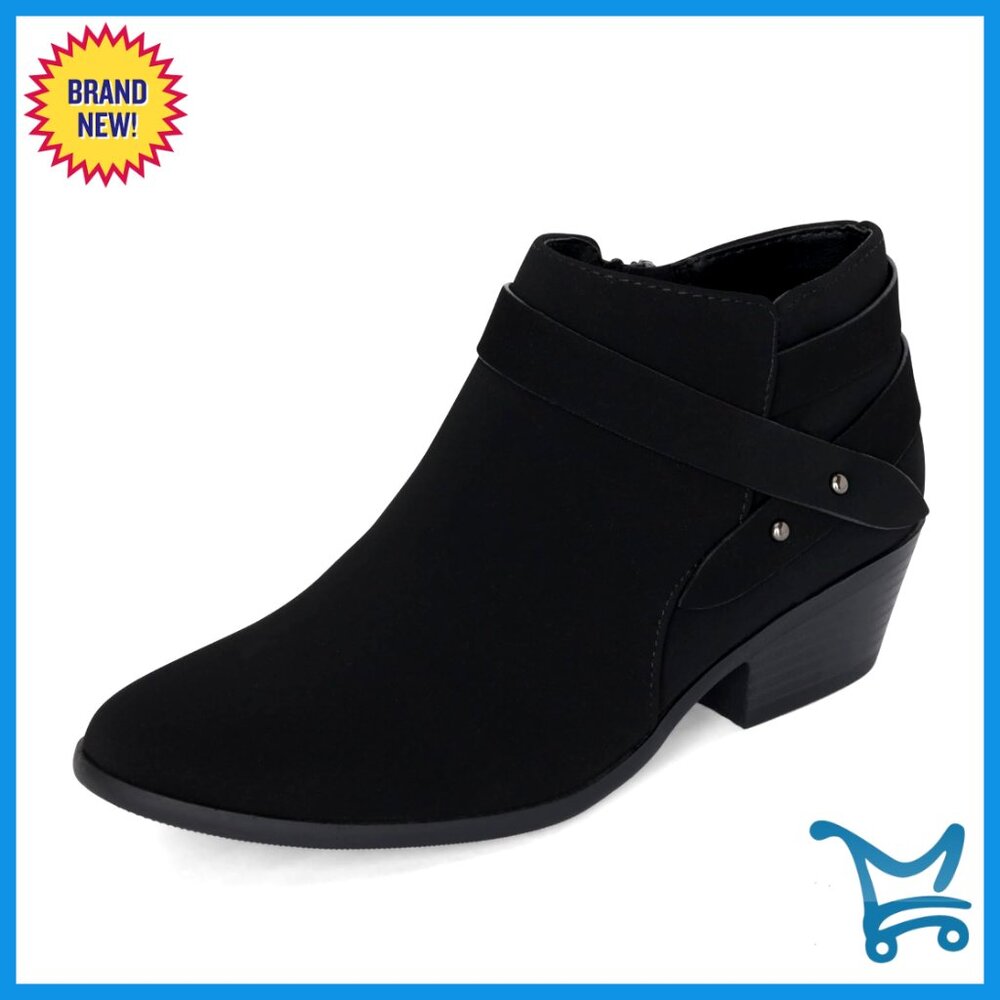 Women's Ankle Boots Cross Strap Stacked Heel Side Zipper Booties